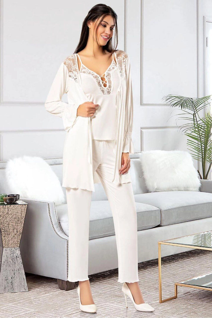 Ecru Lace Detailed Three-Piece Pajama Set BCAN-258903FA - Ocotlán