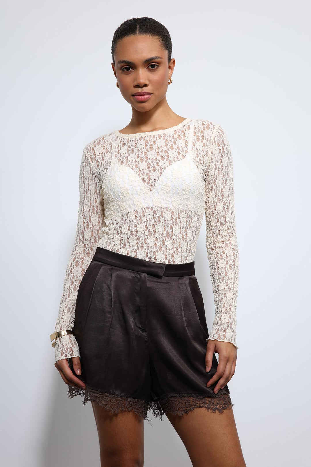 ANT Antioch Ekru Dantel Detaylı Transparan Bluz - The Colony