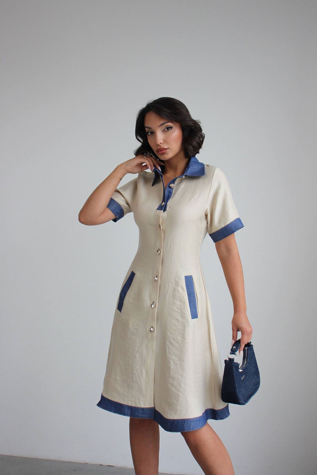 Ekru Denim Garnili Düğmeli Tensel Dokuma Elbise BCHN-2526114 - Ciudad Santa Catarina