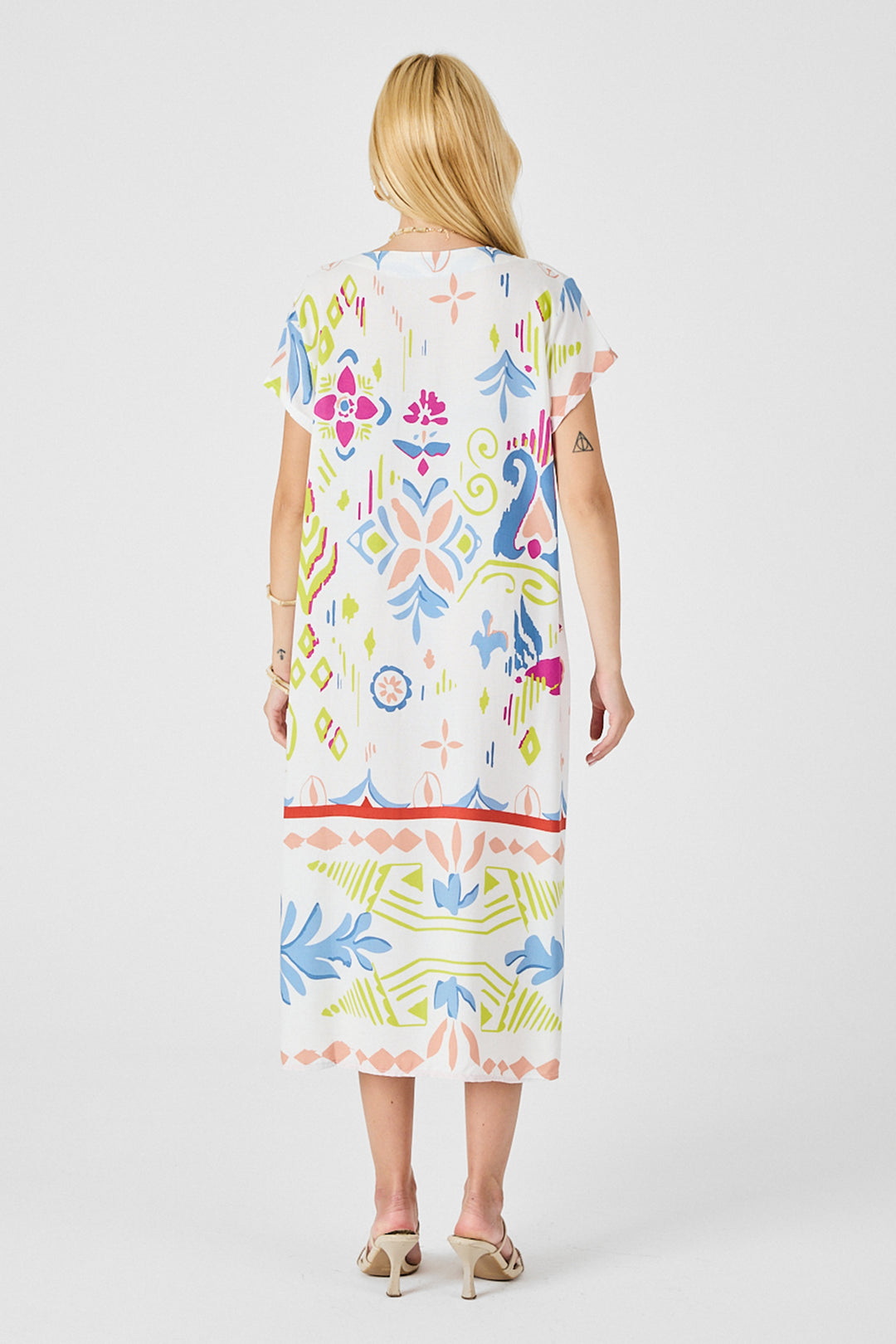 Ecru Patterned V-Neck Midi Dress BCVL-254007 - Lehrte