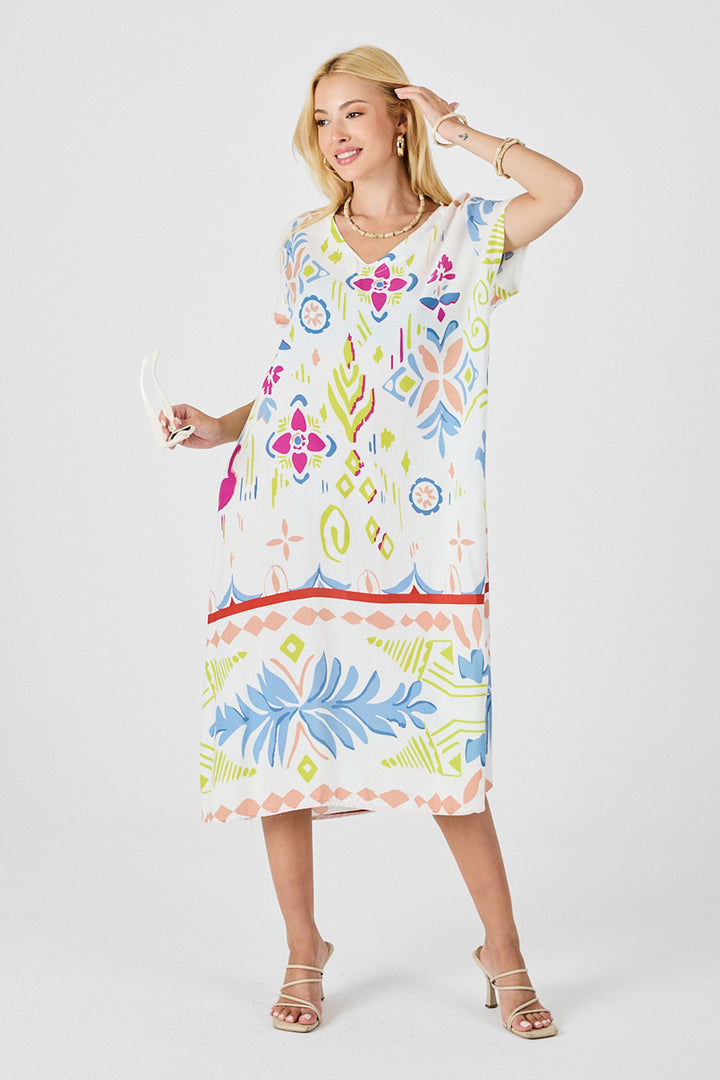 Ecru Patterned V-Neck Midi Dress BCVL-254007 - Lehrte