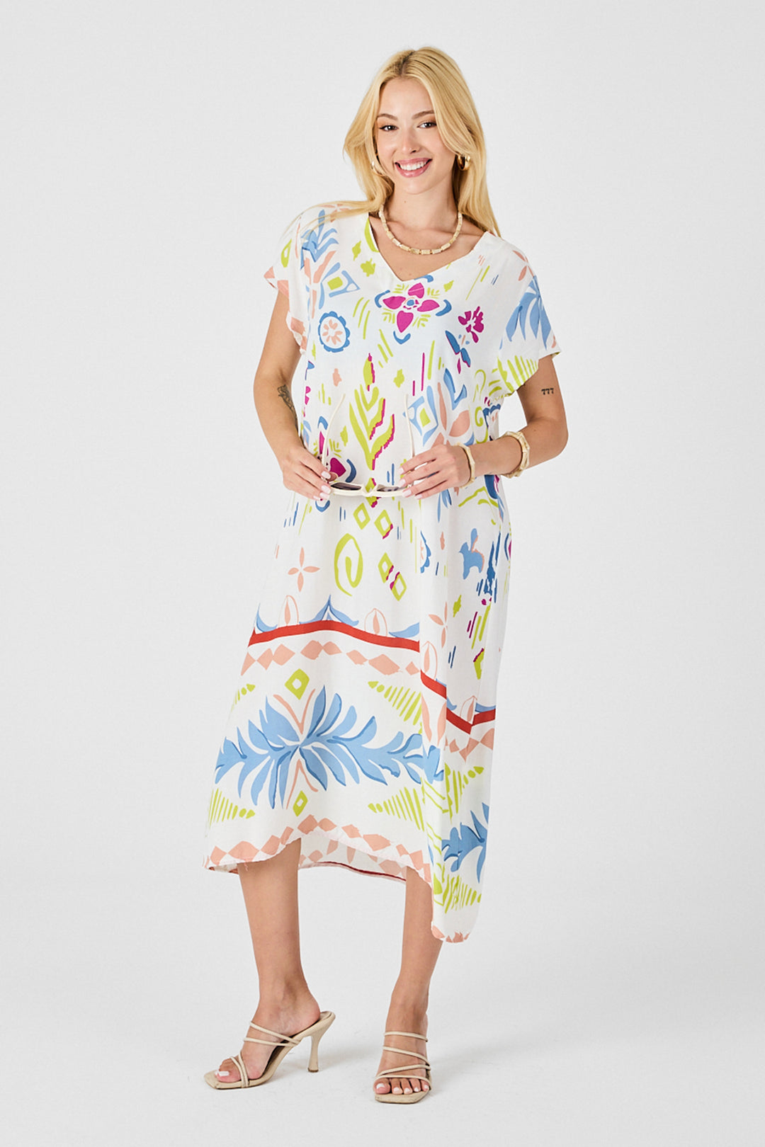 Ecru Patterned V-Neck Midi Dress BCVL-254007 - Lehrte