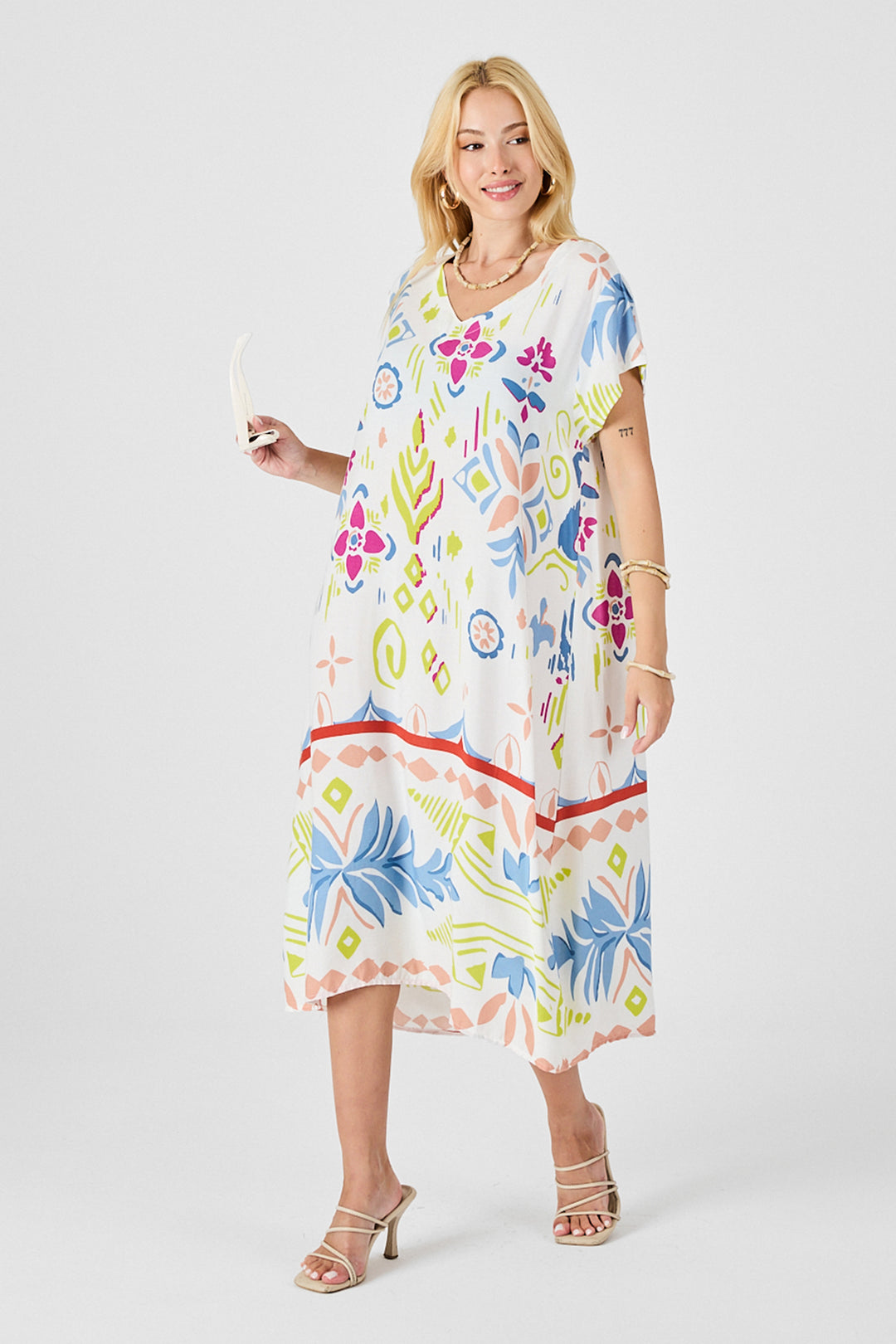 Ecru Patterned V-Neck Midi Dress BCVL-254007 - Lehrte