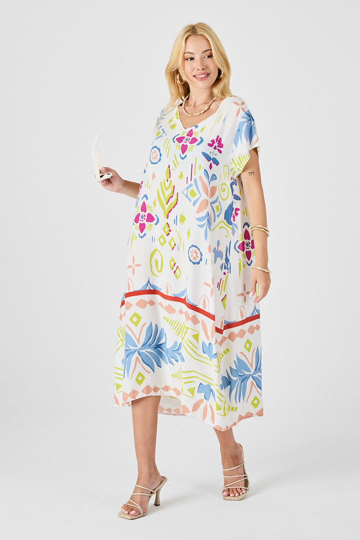 Ecru Patterned V-Neck Midi Dress BCVL-254007 - Lehrte