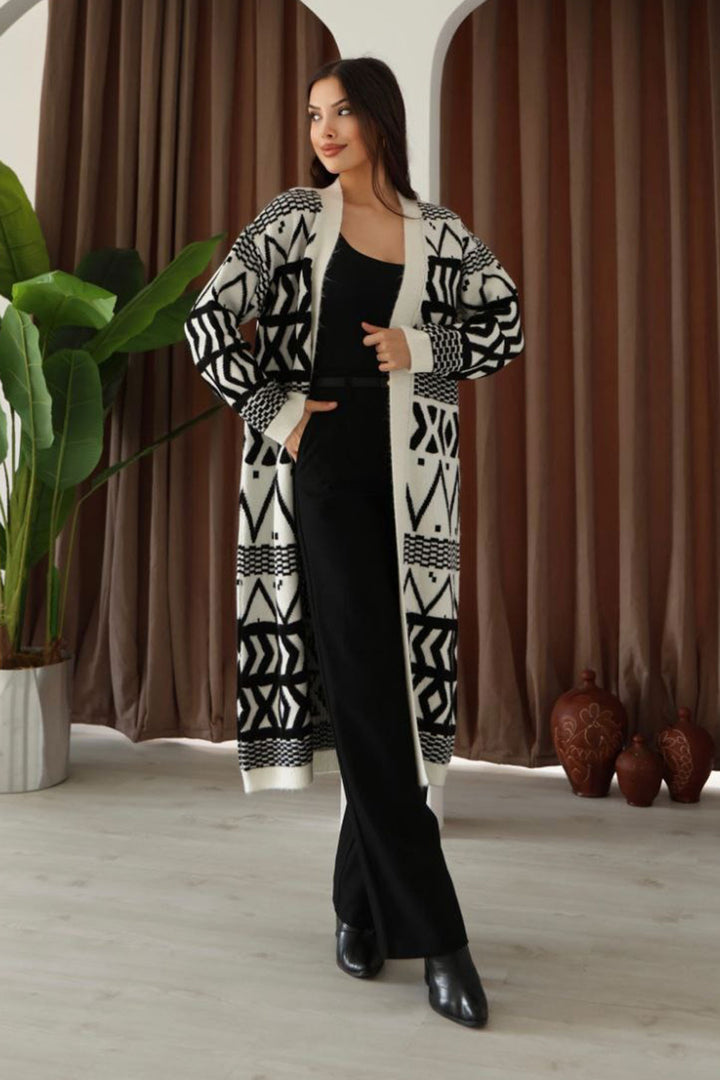 Beige Patterned Fringed Long Cardigan BCES-253001 - Leiden