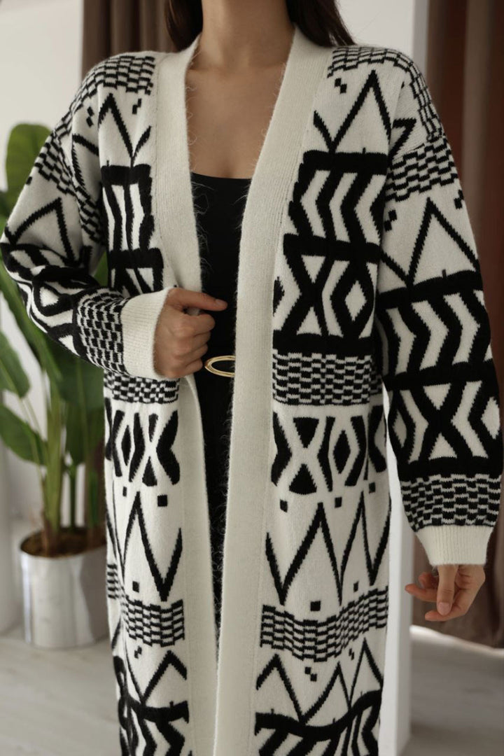 Beige Patterned Fringed Long Cardigan BCES-253001 - Leiden