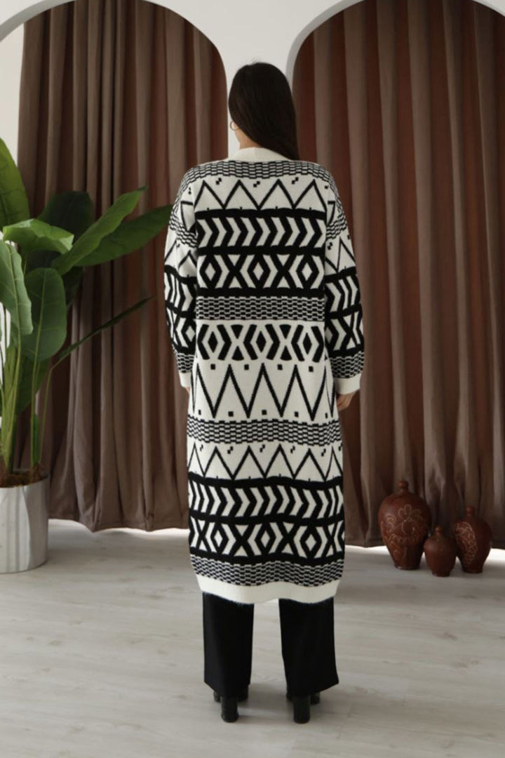 Beige Patterned Fringed Long Cardigan BCES-253001 - Leiden