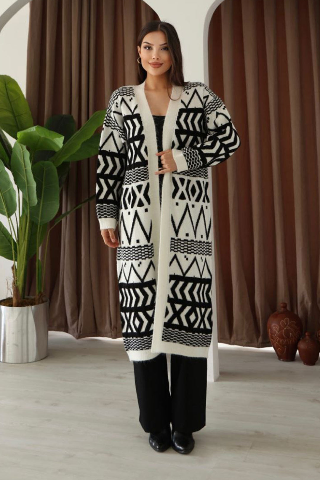 Beige Patterned Fringed Long Cardigan BCES-253001 - Leiden