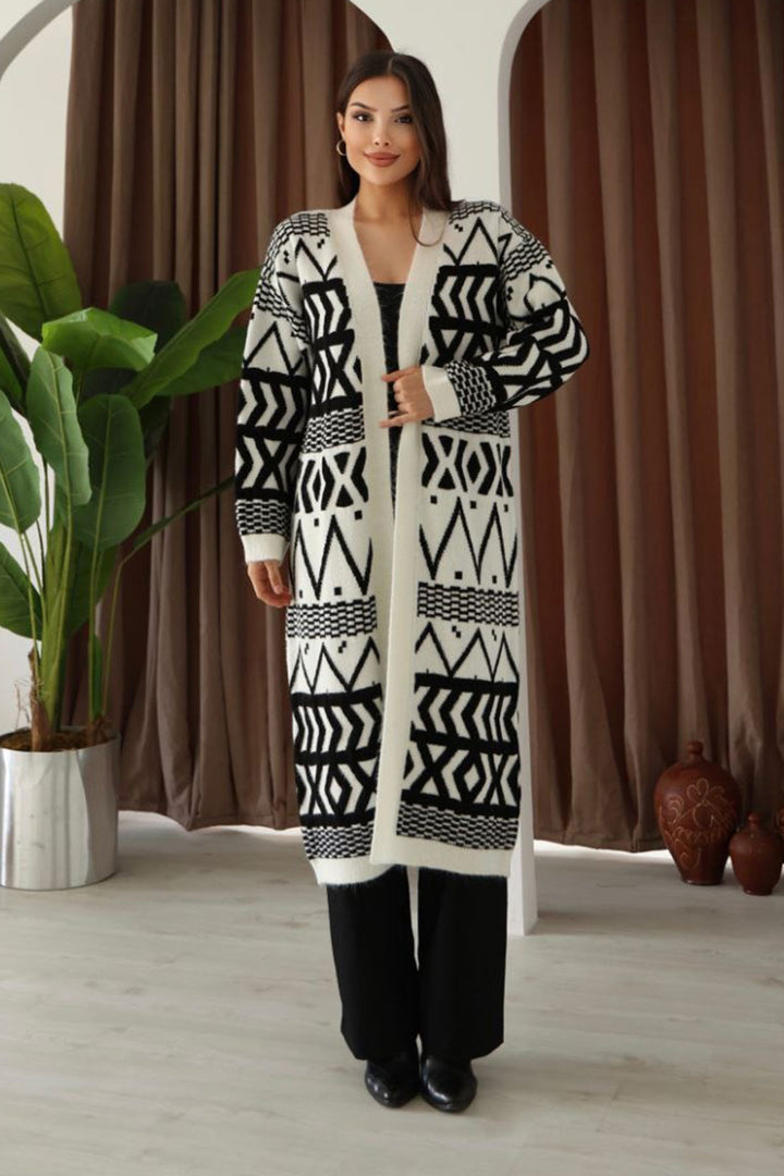 Beige Patterned Fringed Long Cardigan BCES-253001 - Leiden