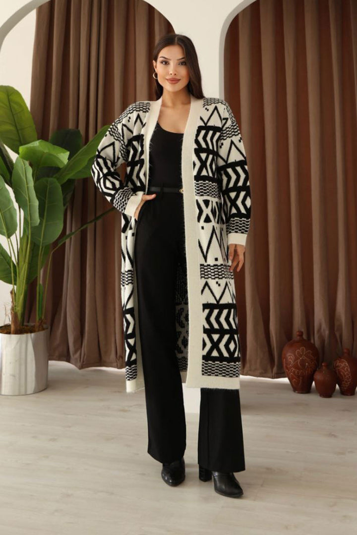Beige Patterned Fringed Long Cardigan BCES-253001 - Leiden