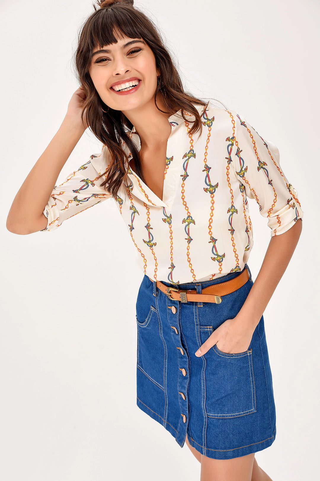 Ecru Patterned V-Neck Satin Blouse BCBSK-25700-T4011-2015 - Huntersville