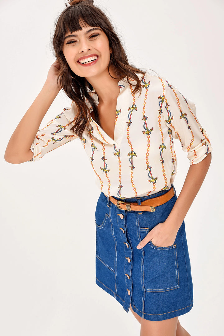 Ecru Patterned V-Neck Satin Blouse BCBSK-25700-T4011-2015 - Huntersville