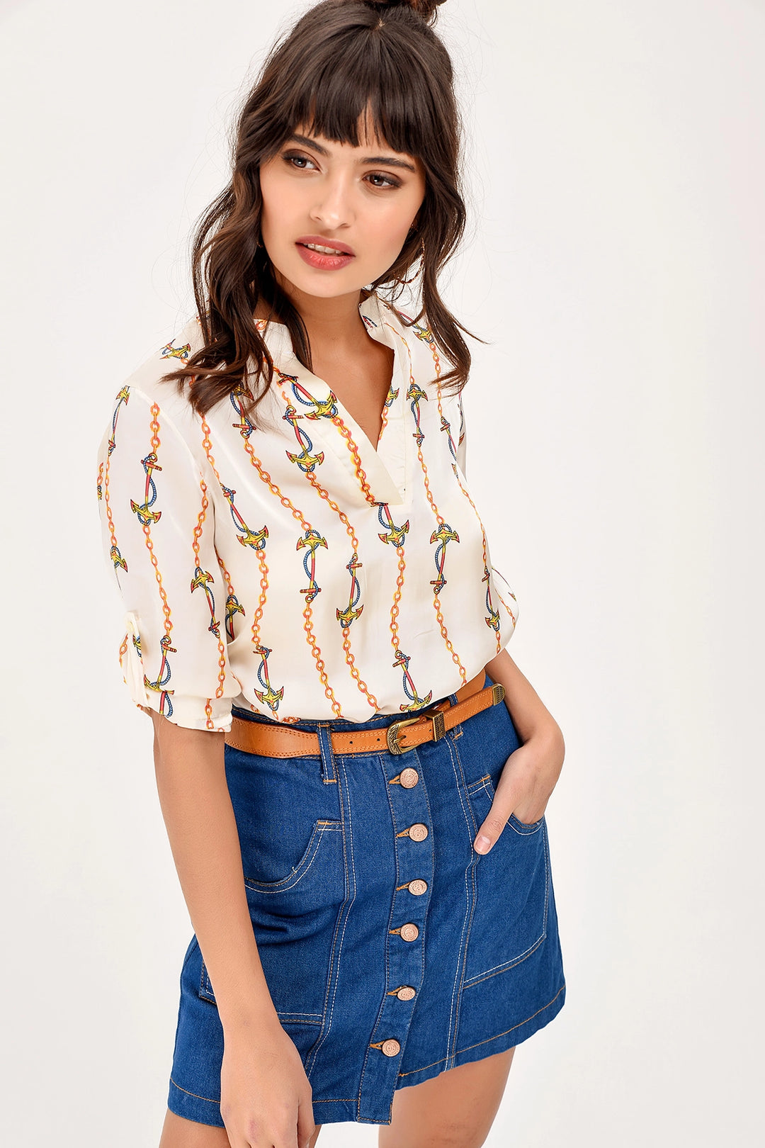 Ecru Patterned V-Neck Satin Blouse BCBSK-25700-T4011-2015 - Huntersville