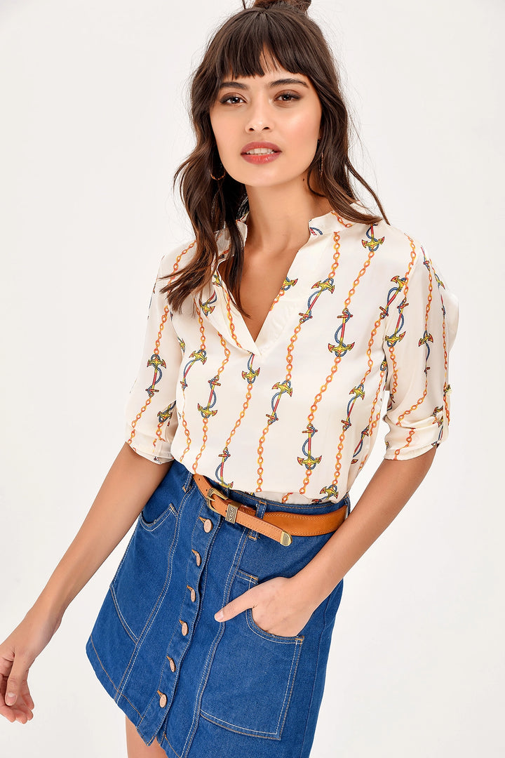 Ecru Patterned V-Neck Satin Blouse BCBSK-25700-T4011-2015 - Huntersville