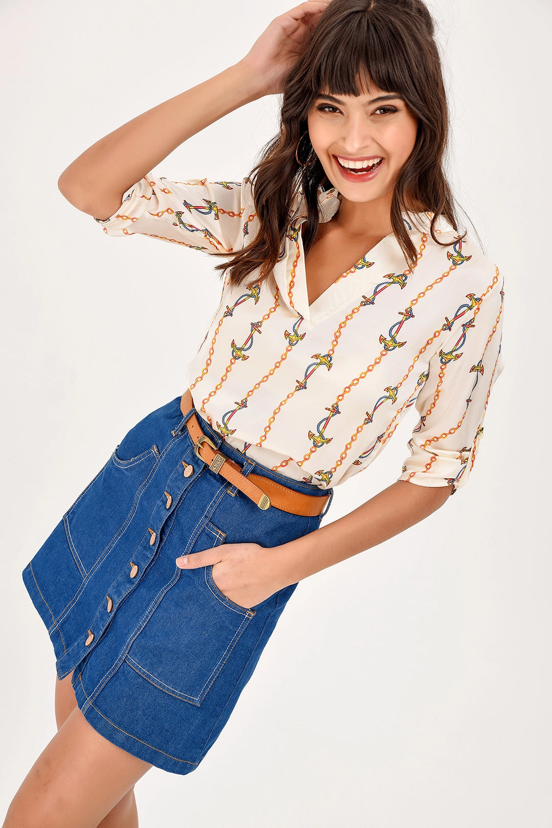 Ecru Patterned V-Neck Satin Blouse BCBSK-25700-T4011-2015 - Huntersville