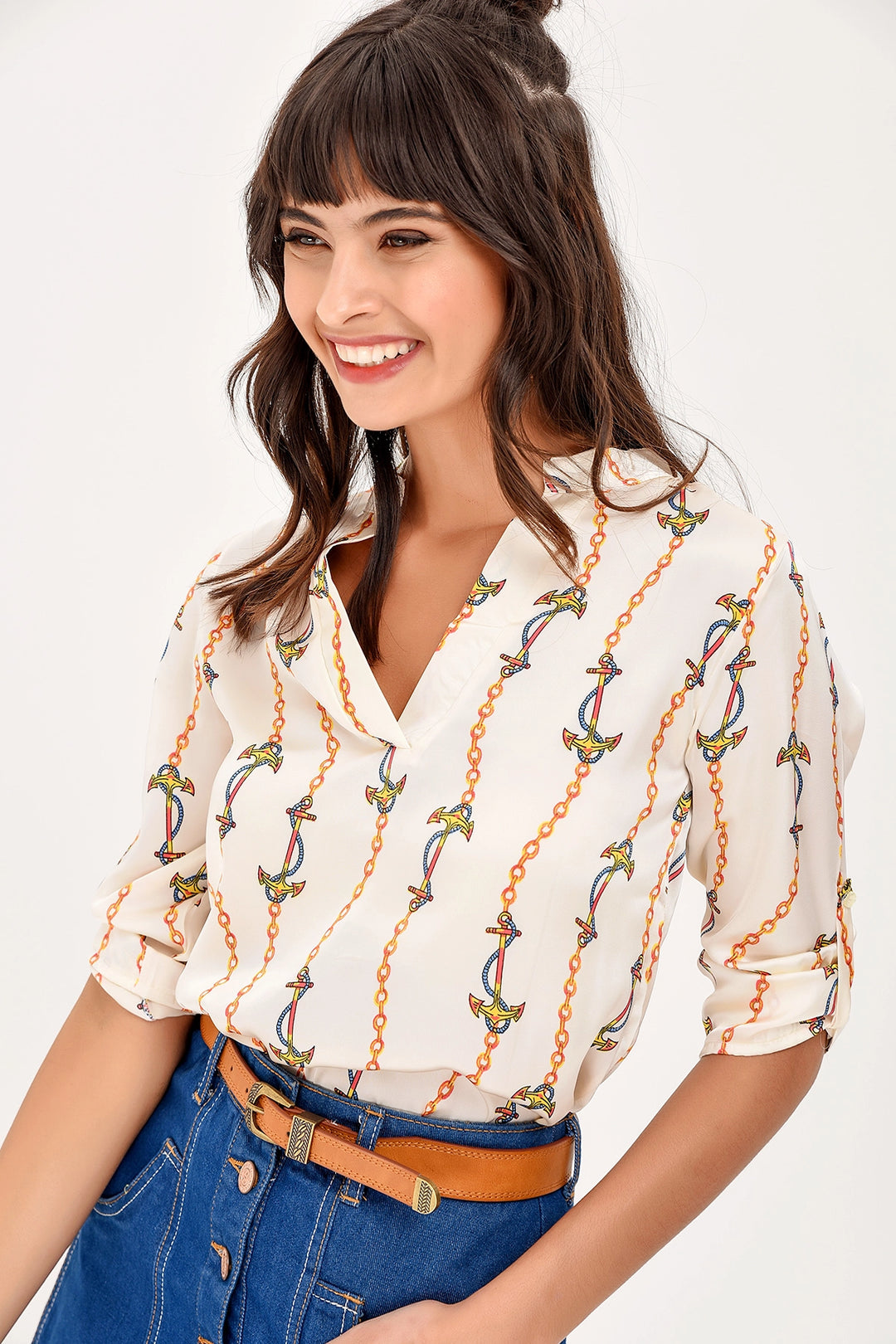 Ecru Patterned V-Neck Satin Blouse BCBSK-25700-T4011-2015 - Huntersville