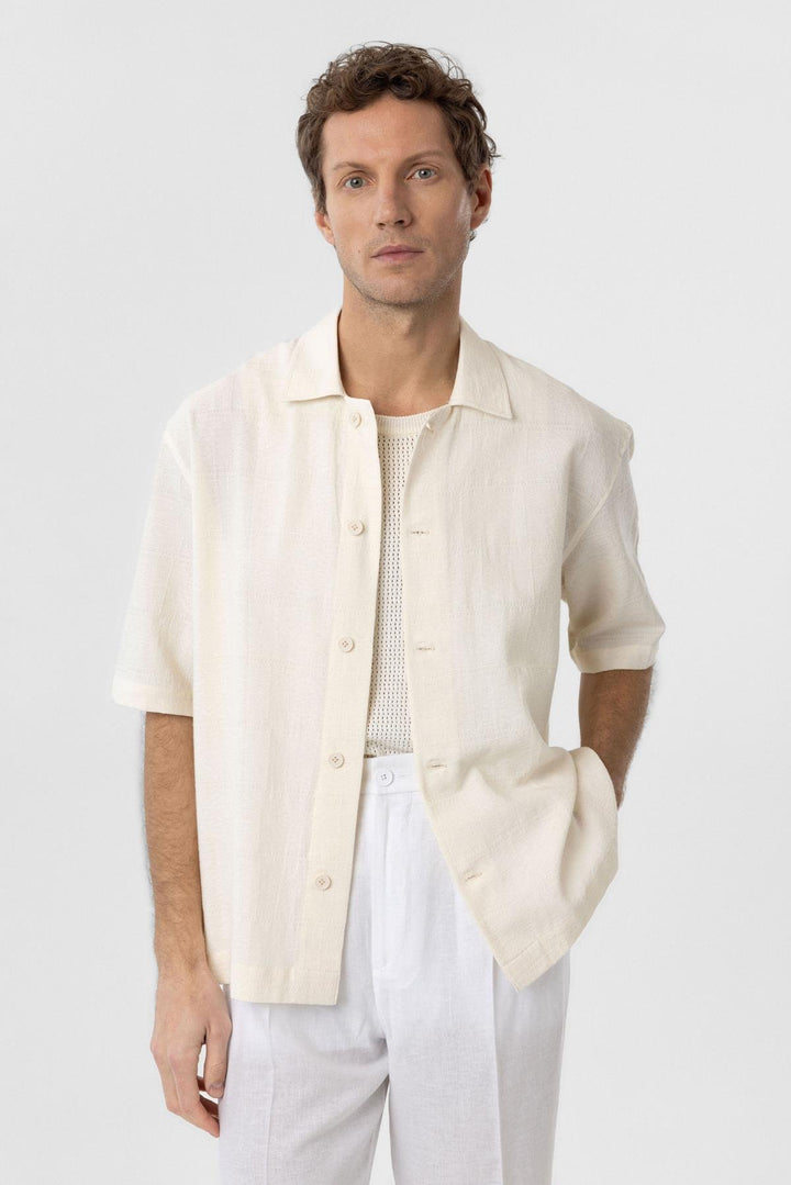 ANT Antioch Ecru Textured Jacquard Cotton Men's Short Sleeve Shirt - Floreşti