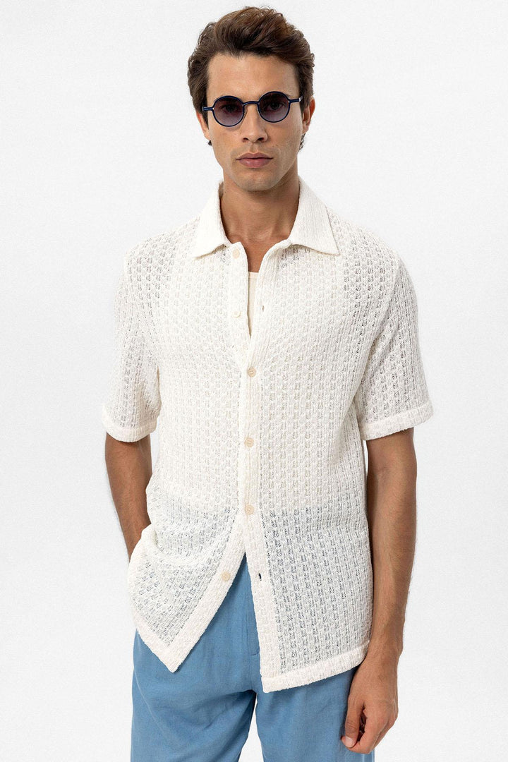 ANT Antioch Ecru Textured Crochet Men's Shirt - Namur
