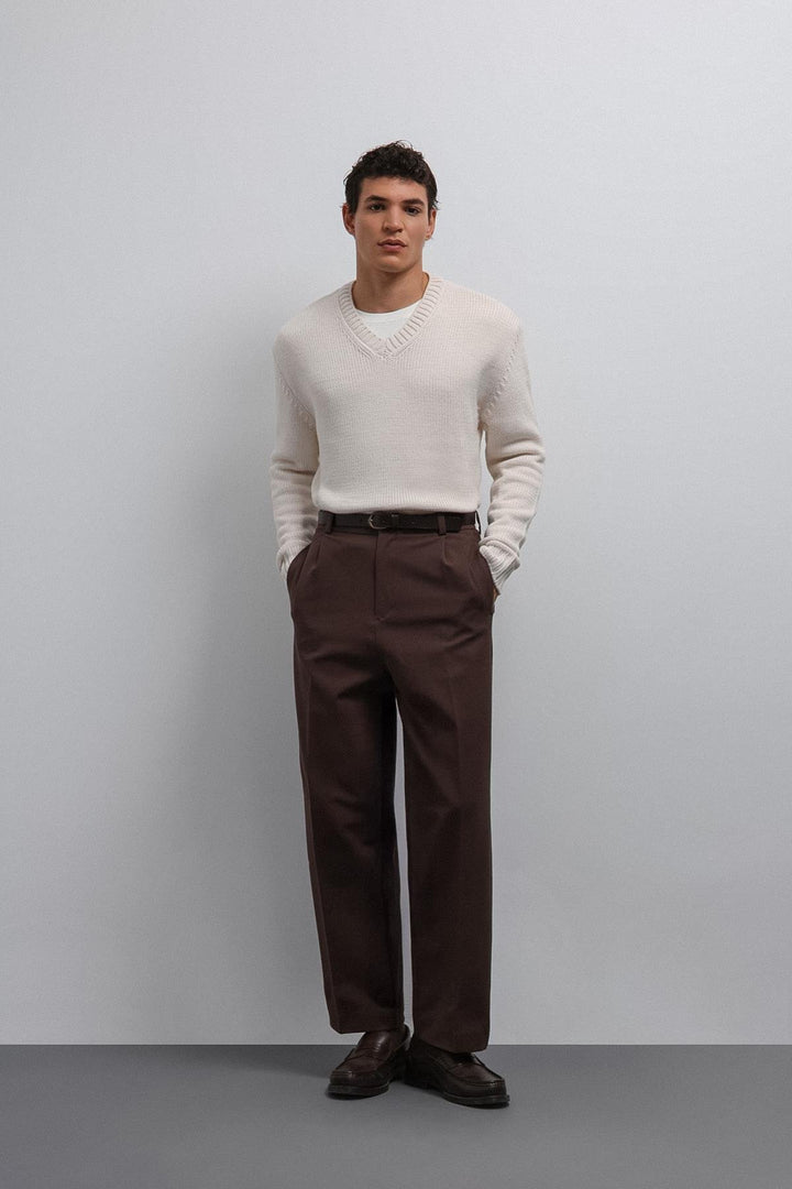 ANT Antioch Ecru Textured V-Neck Men's Sweater - Bari