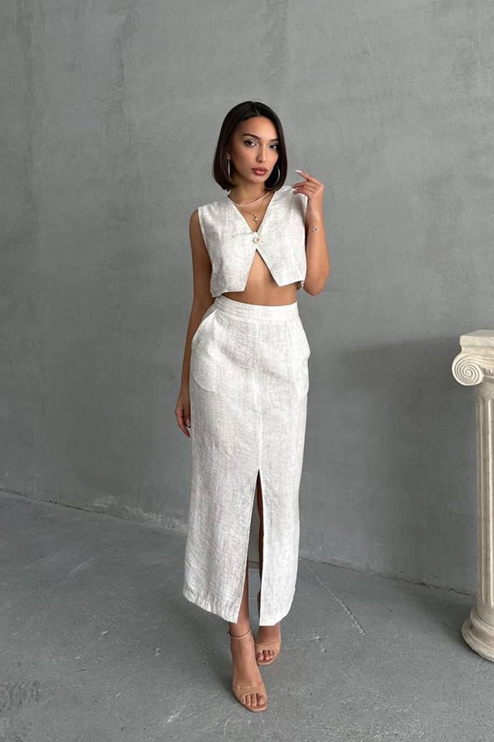Ecru Buttoned Blouse and Skirt Self-Textured Top Set BCHN-25255013 - Del Rio