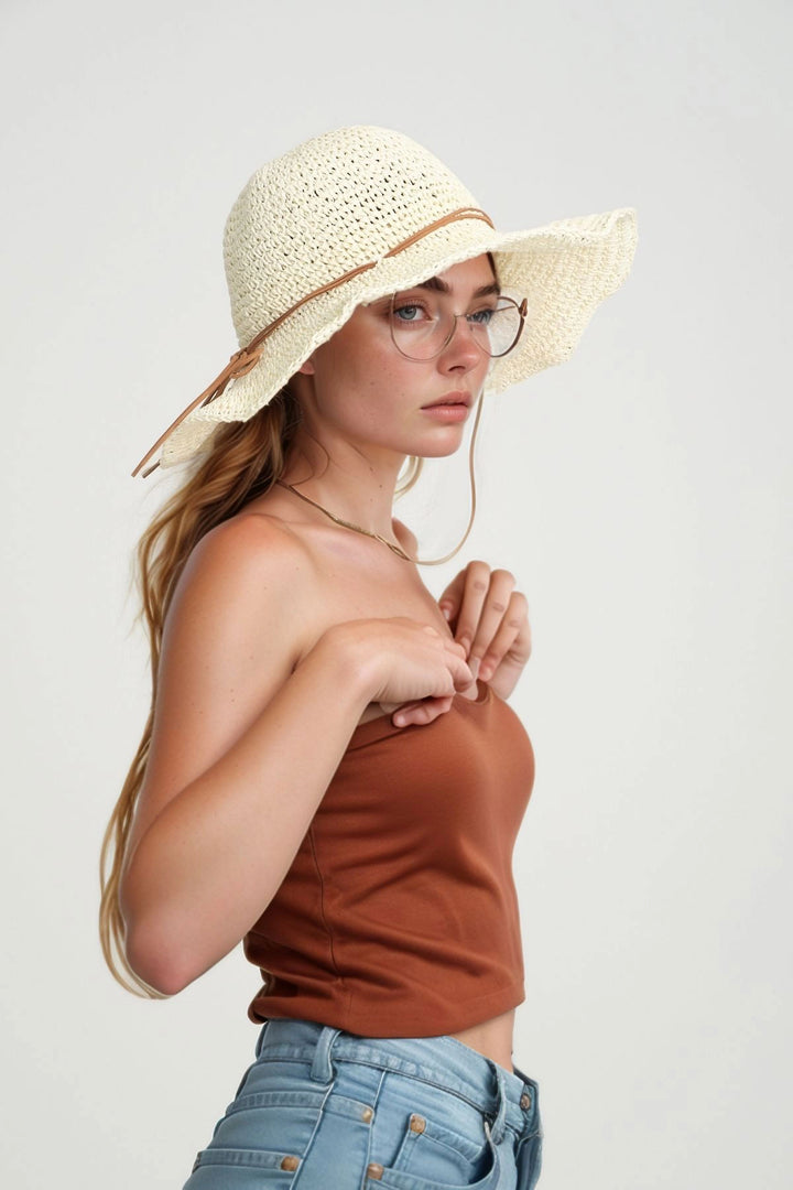 Ecru Wide Mesh Hat with Beige Crochet Detail BCNSV-2514632 - Camargo