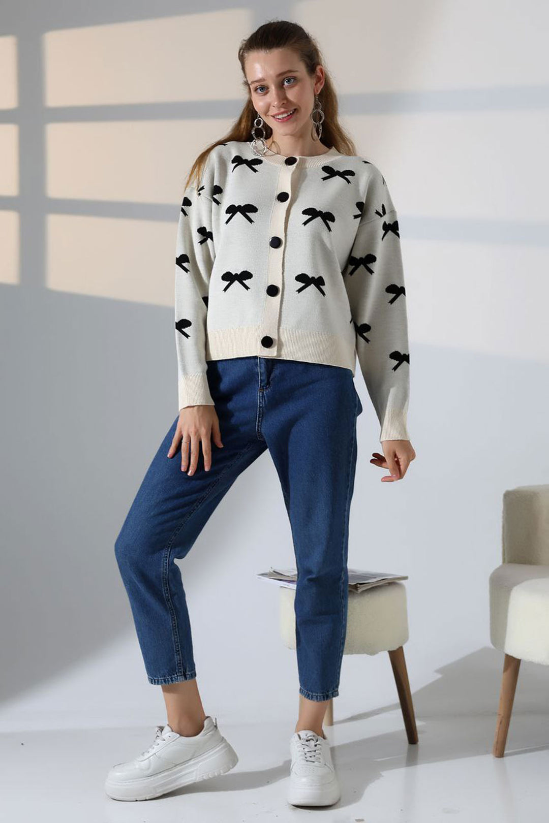 Ecru Bow Patterned Buttoned Cardigan BCES-252044 - Alhaurín de la Torre