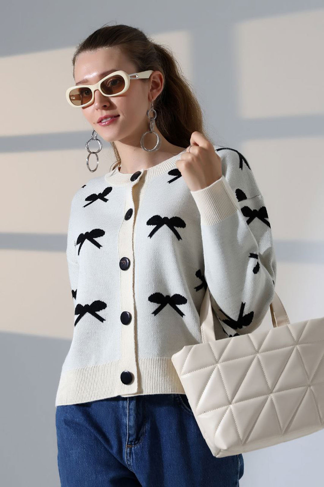 Ecru Bow Patterned Buttoned Cardigan BCES-252044 - Alhaurín de la Torre