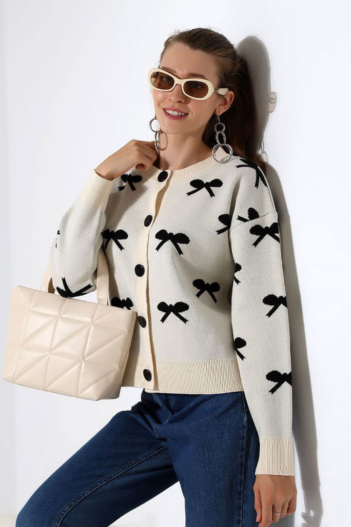 Ecru Bow Patterned Buttoned Cardigan BCES-252044 - Alhaurín de la Torre