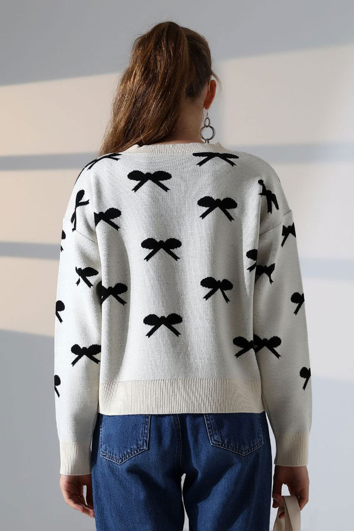 Ecru Bow Patterned Buttoned Cardigan BCES-252044 - Alhaurín de la Torre