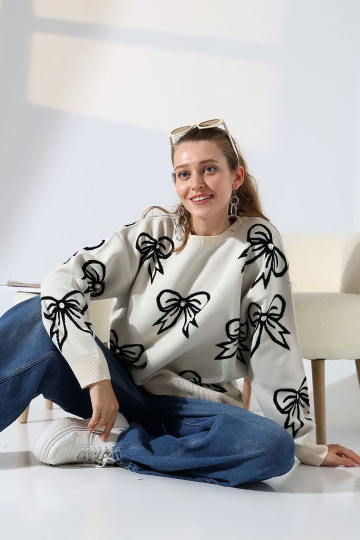 Ecru Bow Patterned Sweater BCES-252045 - Vallejo