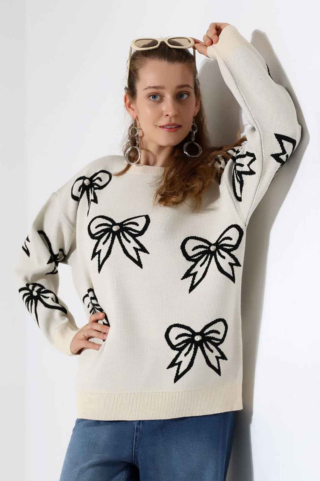 Ecru Bow Patterned Sweater BCES-252045 - Vallejo