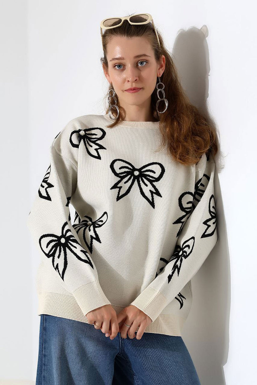 Ecru Bow Patterned Sweater BCES-252045 - Vallejo