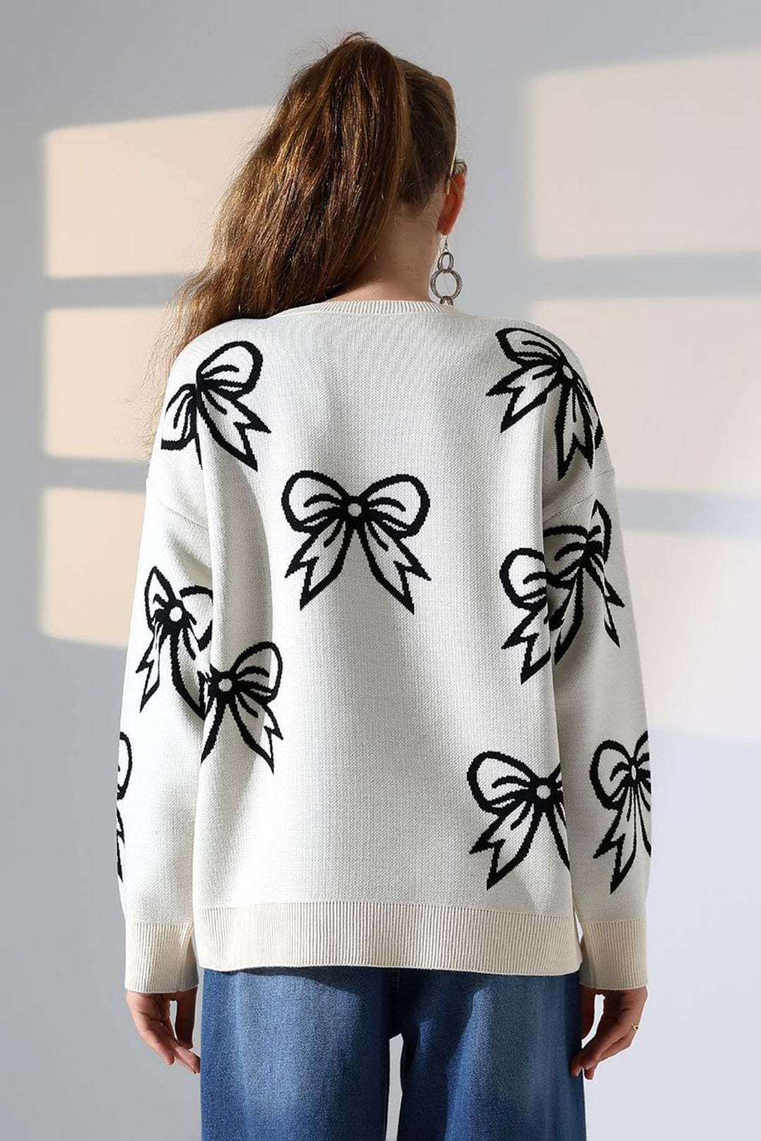Ecru Bow Patterned Sweater BCES-252045 - Vallejo