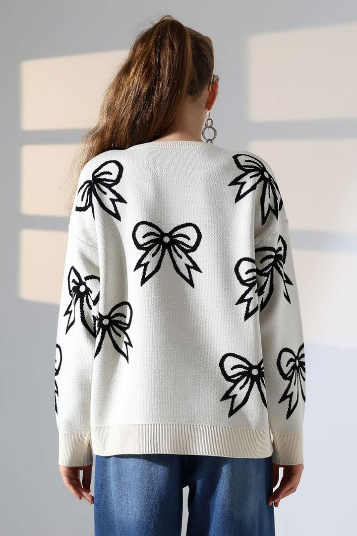 Ecru Bow Patterned Sweater BCES-252045 - Vallejo