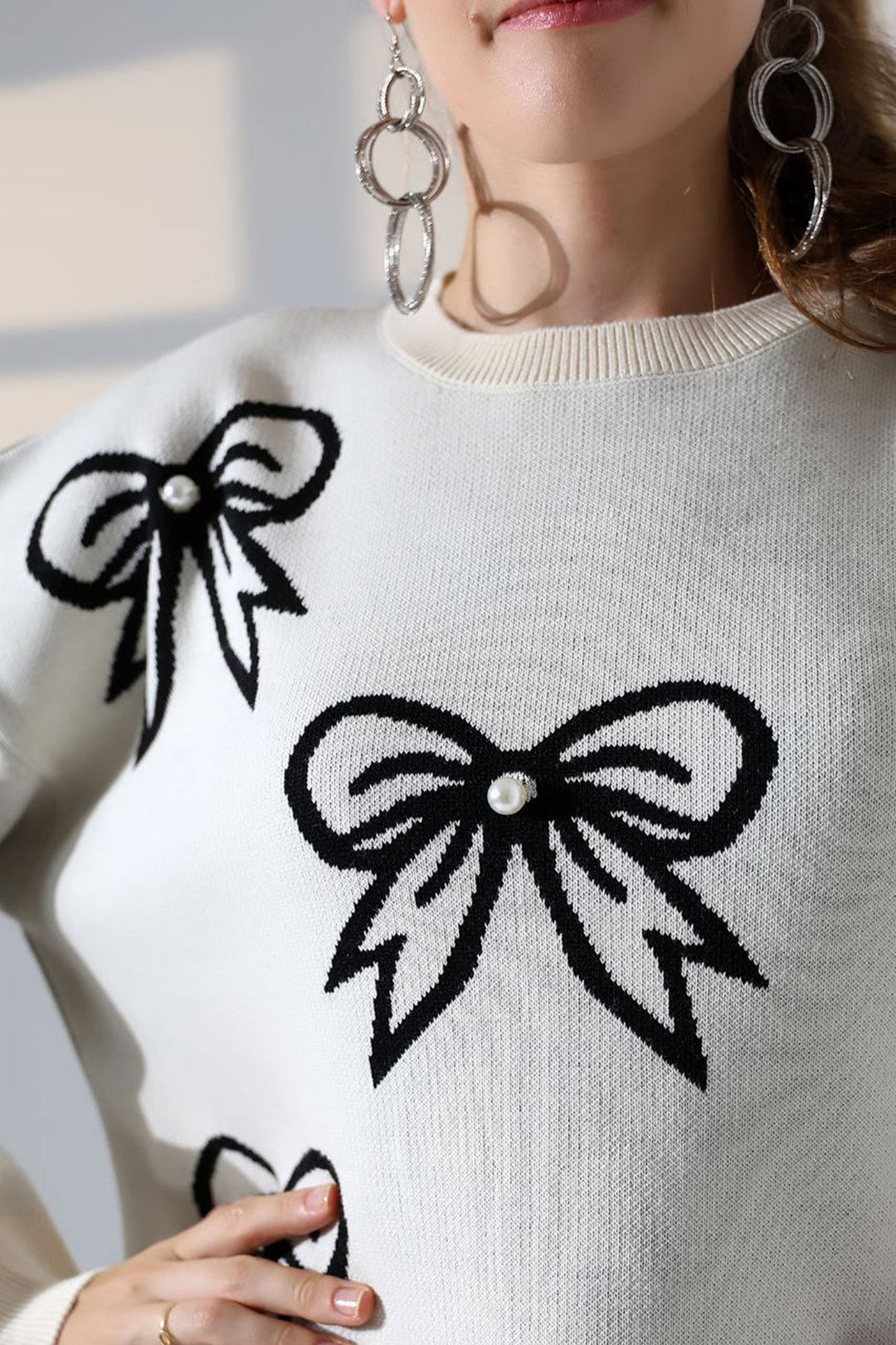 Ecru Bow Patterned Sweater BCES-252045 - Vallejo