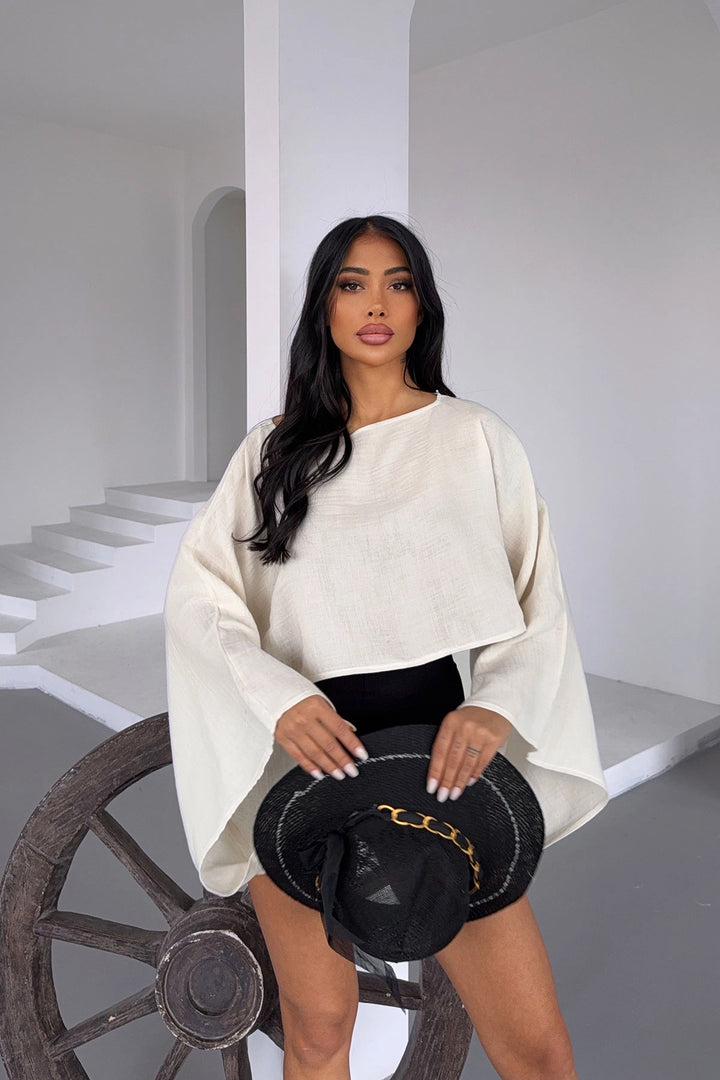 Ecru Wide Neck Batwing Sleeve Muslin Fabric Linen Blouse BCBT-251003 - Burleson