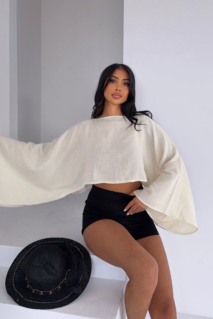 Ecru Wide Neck Batwing Sleeve Muslin Fabric Linen Blouse BCBT-251003 - Burleson