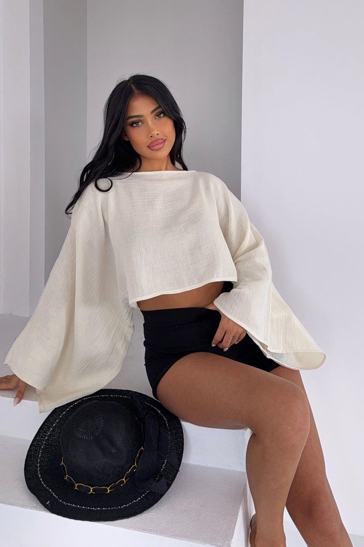 Ecru Wide Neck Batwing Sleeve Muslin Fabric Linen Blouse BCBT-251003 - Burleson