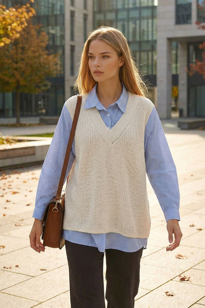 Ecru Shirt Detailed V-Neck Knit Sweater Blouse BCHPK-251251 - Newark