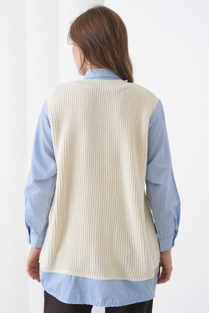 Ecru Shirt Detailed V-Neck Knit Sweater Blouse BCHPK-251251 - Newark