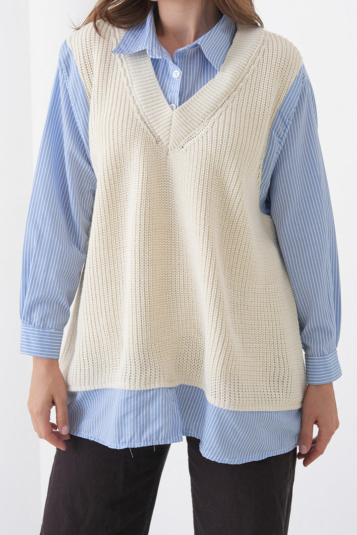 Ecru Shirt Detailed V-Neck Knit Sweater Blouse BCHPK-251251 - Newark