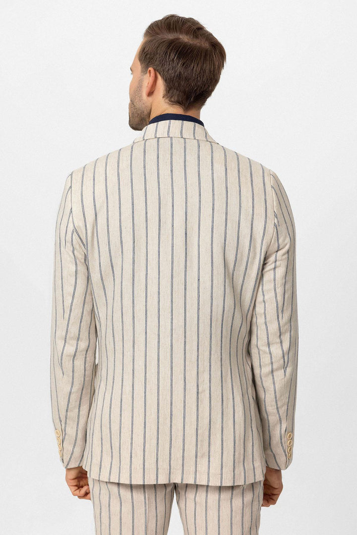 ANT Antioch Ekru-Indigo Keten Karışımlı Kruvaze Kapama Erkek Blazer Ceket - Bobigny