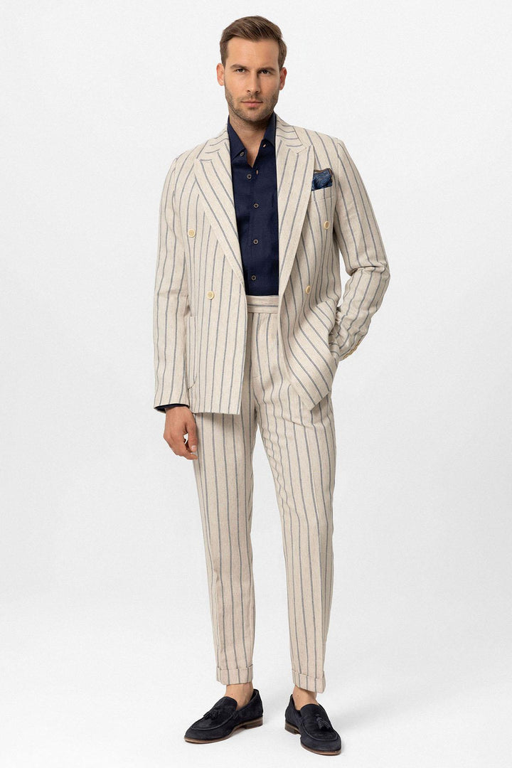 ANT Antioch Ekru-Indigo Keten Karışımlı Kruvaze Kapama Erkek Blazer Ceket - Bobigny