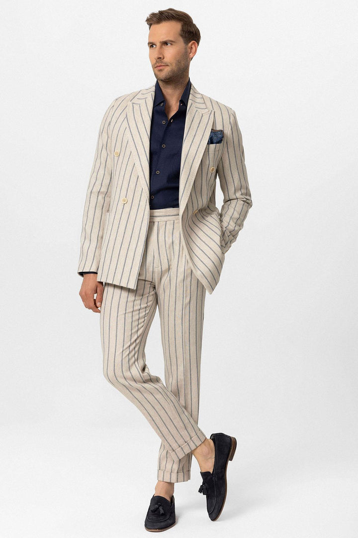 ANT Antioch Ekru-Indigo Keten Karışımlı Kruvaze Kapama Erkek Blazer Ceket - Bobigny