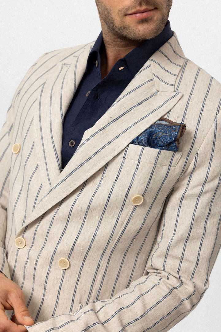 ANT Antioch Ekru-Indigo Keten Karışımlı Kruvaze Kapama Erkek Blazer Ceket - Bobigny