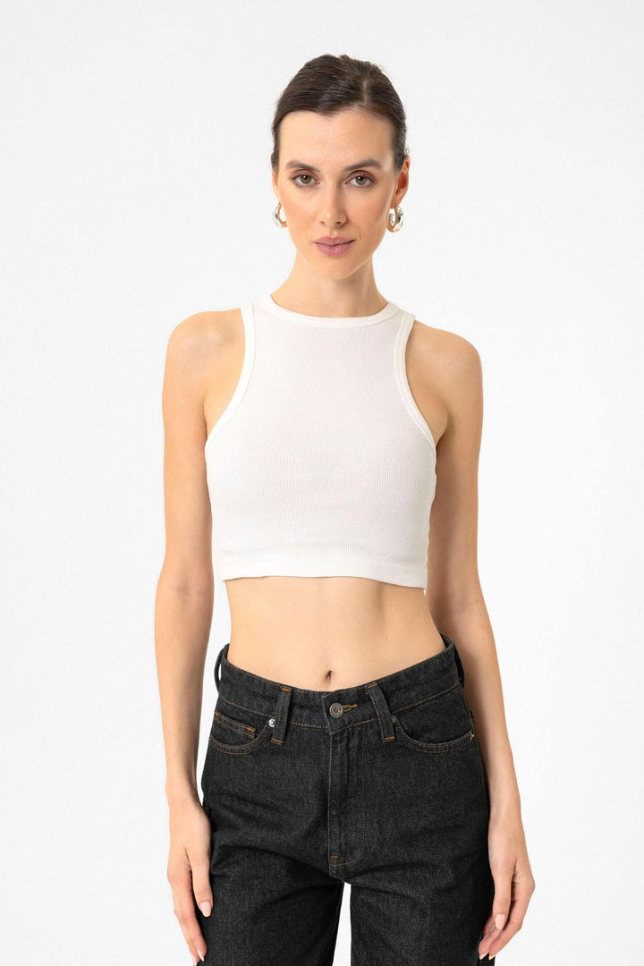 ANT Antioch Ecru Women's Ribbed Crop Tank Top - Cluj-Napoca