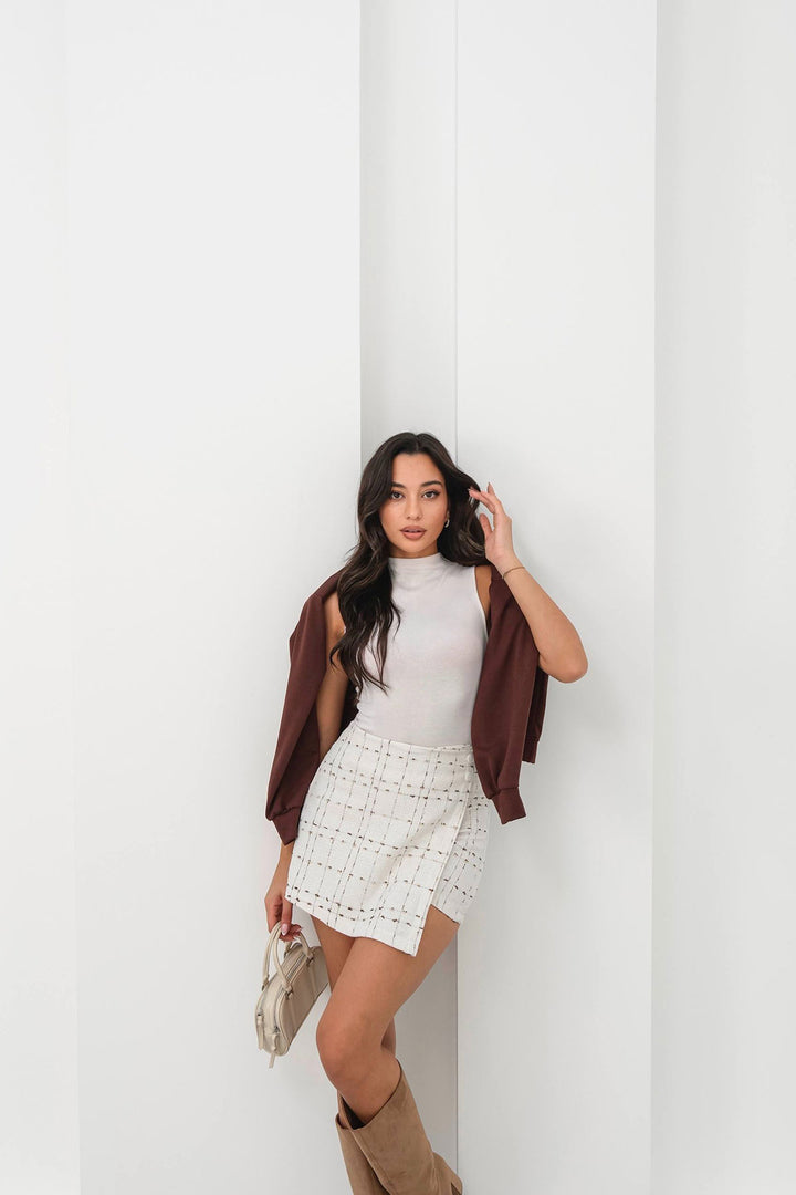Ecru-Coffee 2-Button Tweed Fabric Shorts Skirt BCHN-2526414 - Figueira da Foz