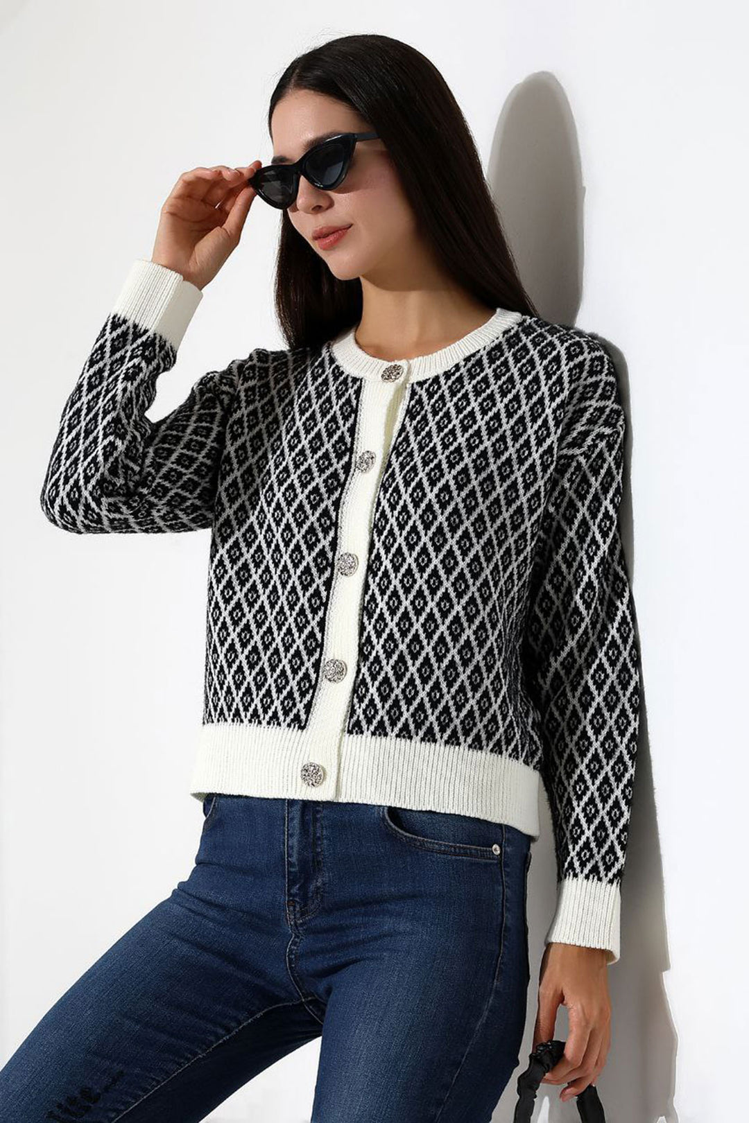 Ecru Square Patterned Buttoned Cardigan BCES-252004 - Nettetal