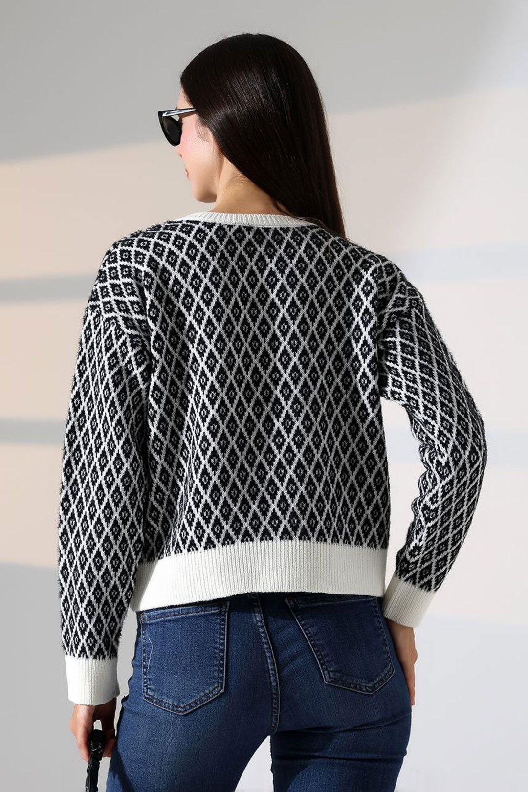 Ecru Square Patterned Buttoned Cardigan BCES-252004 - Nettetal
