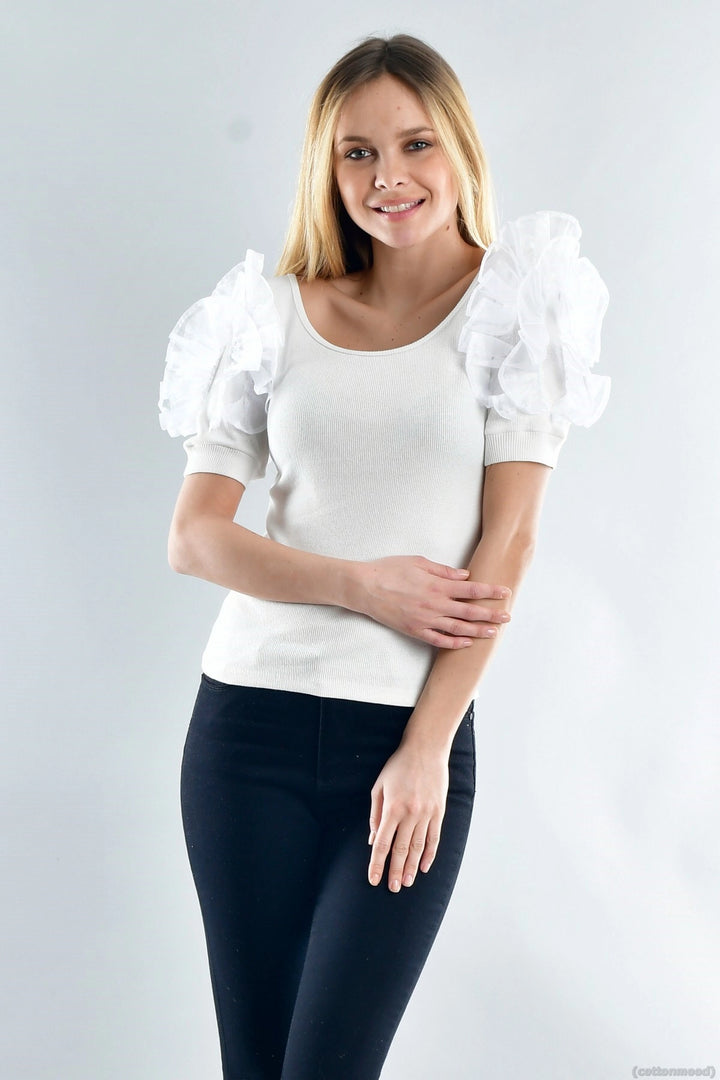 Ecru Eyelash Princess Sleeve Tulle Detailed Blouse CO-2520021929 - Dundalk